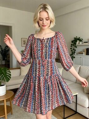 💕100% Silk, Boho Floral Tiered Silk Dress in Rust Multi by